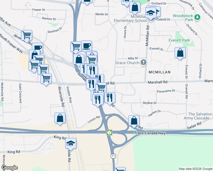 map of restaurants, bars, coffee shops, grocery stores, and more near 34588 Marshall Road in Abbotsford