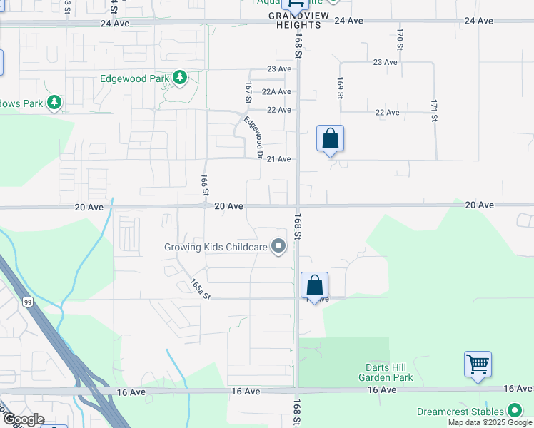 map of restaurants, bars, coffee shops, grocery stores, and more near 16730 20 Avenue in Surrey