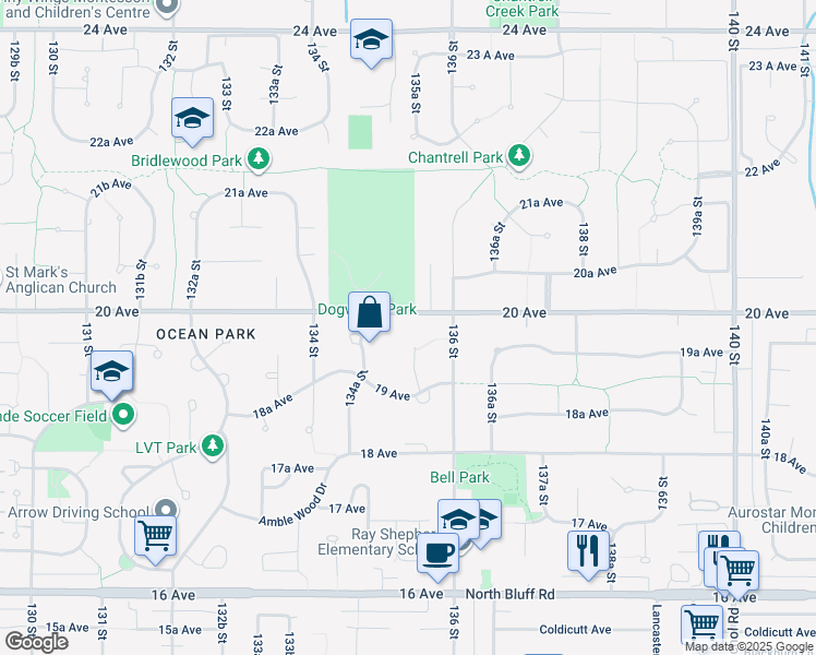 map of restaurants, bars, coffee shops, grocery stores, and more near 13538 20 Avenue in Surrey