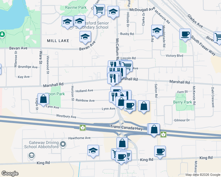 map of restaurants, bars, coffee shops, grocery stores, and more near 33539 Holland Avenue in Abbotsford