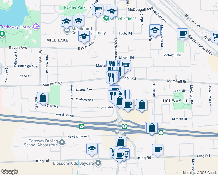 map of restaurants, bars, coffee shops, grocery stores, and more near 33539 Holland Avenue in Abbotsford