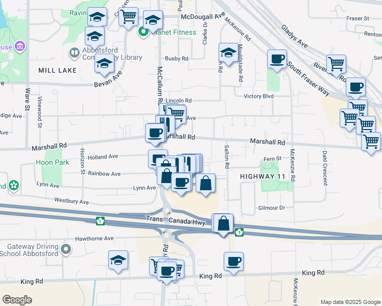 map of restaurants, bars, coffee shops, grocery stores, and more near 33690 Marshall Road in Abbotsford
