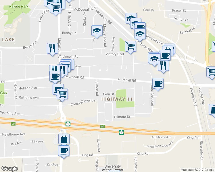 map of restaurants, bars, coffee shops, grocery stores, and more near 33858 Marshall Road in Abbotsford