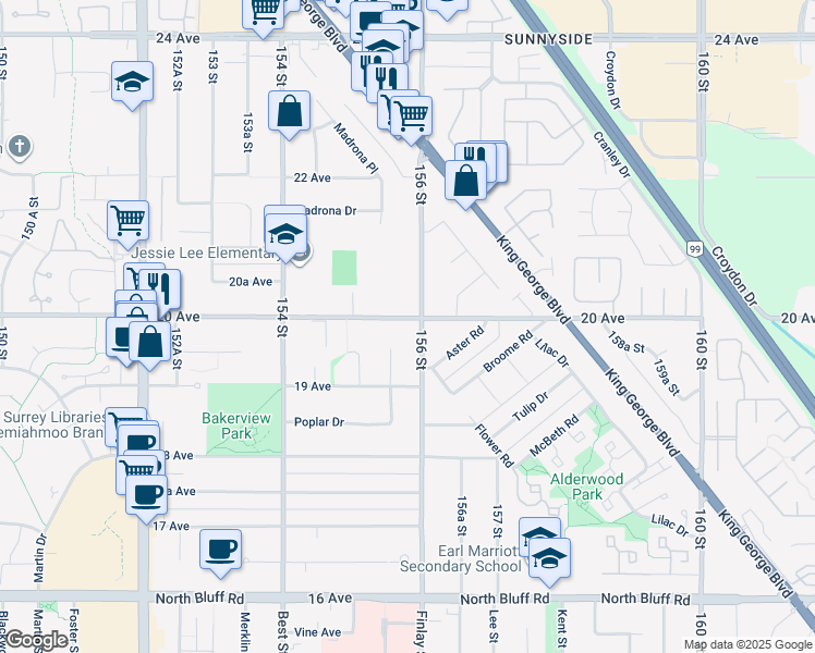 map of restaurants, bars, coffee shops, grocery stores, and more near 15580 20 Avenue in Surrey
