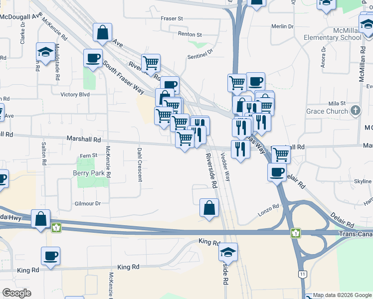 map of restaurants, bars, coffee shops, grocery stores, and more near 34252 Marshall Road in Abbotsford