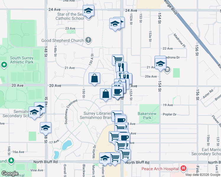 map of restaurants, bars, coffee shops, grocery stores, and more near 15140 20 Avenue in Surrey