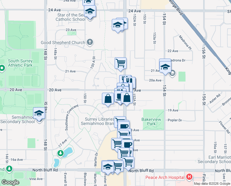 map of restaurants, bars, coffee shops, grocery stores, and more near 15148 20 Avenue in Surrey