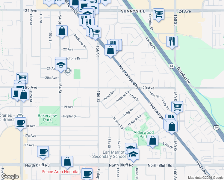 map of restaurants, bars, coffee shops, grocery stores, and more near in Surrey