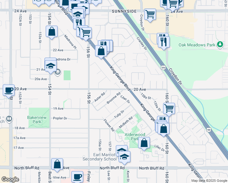 map of restaurants, bars, coffee shops, grocery stores, and more near 15738 20 Avenue in Surrey