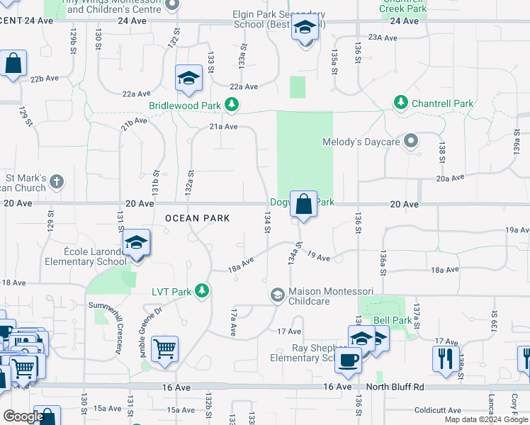 map of restaurants, bars, coffee shops, grocery stores, and more near 1981 134 Street in Surrey