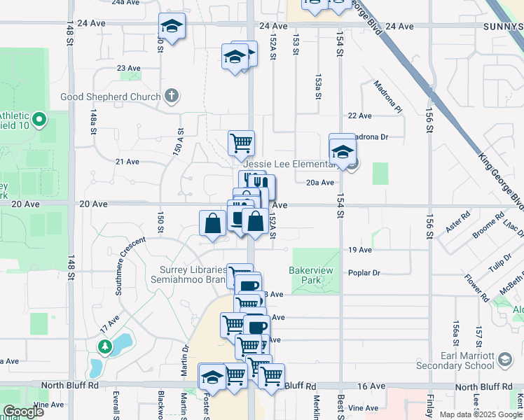 map of restaurants, bars, coffee shops, grocery stores, and more near in Surrey