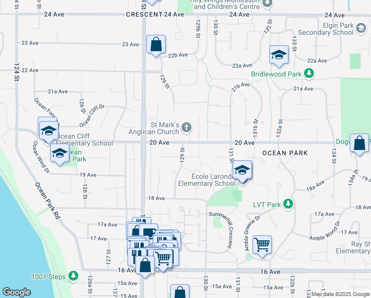 map of restaurants, bars, coffee shops, grocery stores, and more near 1968 129 Street in Surrey