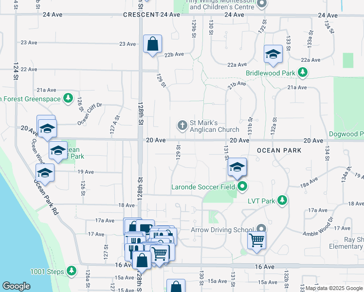 map of restaurants, bars, coffee shops, grocery stores, and more near 1968 129 Street in Surrey