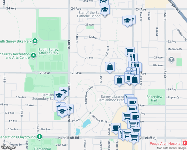 map of restaurants, bars, coffee shops, grocery stores, and more near 14956 20 Avenue in Surrey