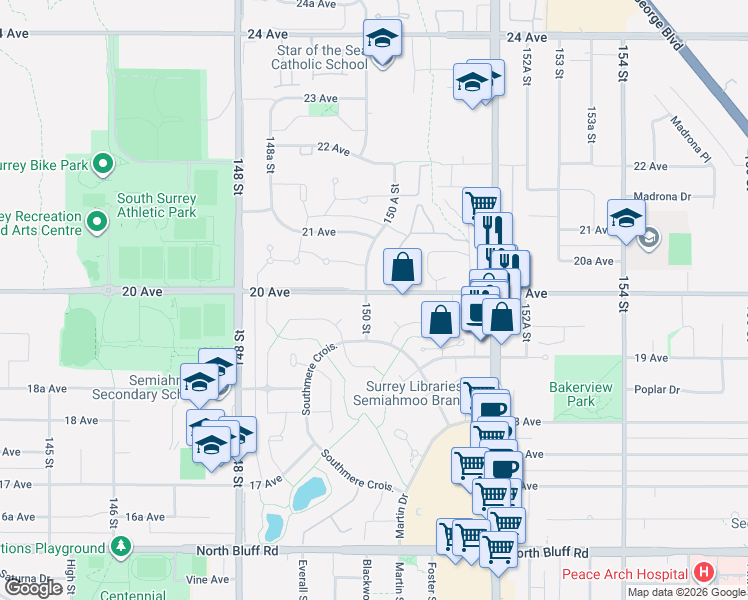map of restaurants, bars, coffee shops, grocery stores, and more near 1990 150 Street in Surrey
