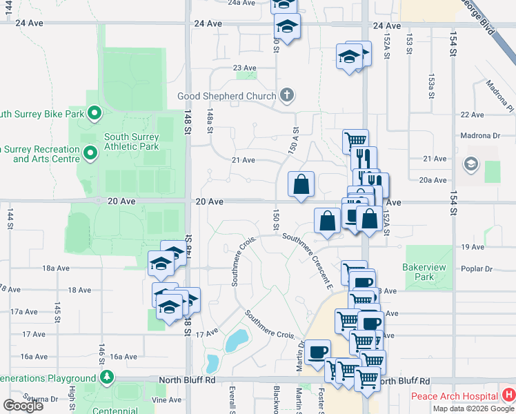 map of restaurants, bars, coffee shops, grocery stores, and more near 14953 Southmere Place in Surrey