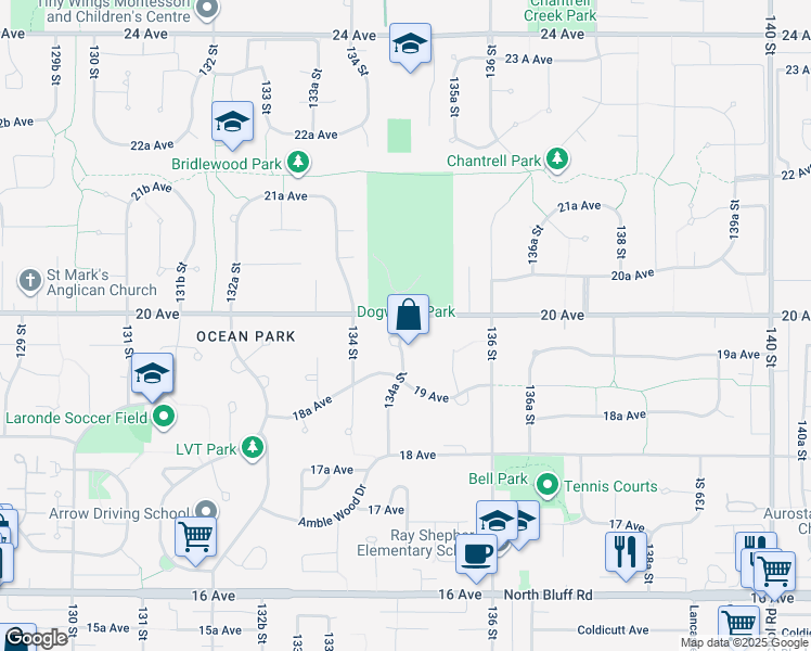 map of restaurants, bars, coffee shops, grocery stores, and more near 1968 134A Street in Surrey