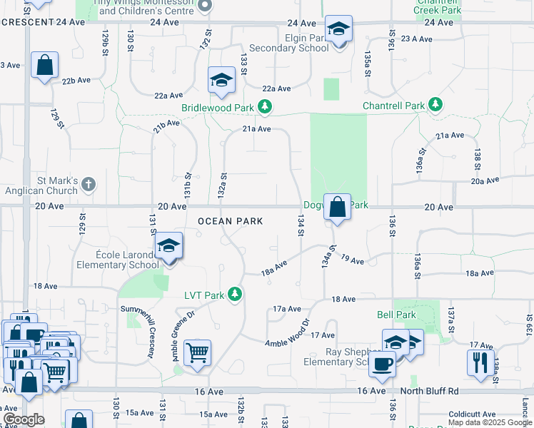 map of restaurants, bars, coffee shops, grocery stores, and more near 13330 20 Avenue in Surrey