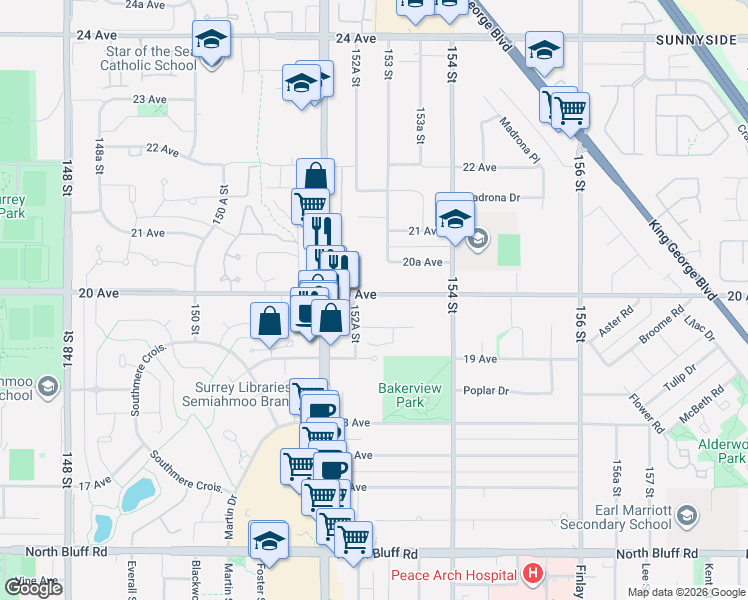 map of restaurants, bars, coffee shops, grocery stores, and more near 15272 20 Avenue in Surrey