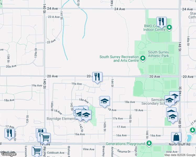 map of restaurants, bars, coffee shops, grocery stores, and more near 1991 143A Street in Surrey