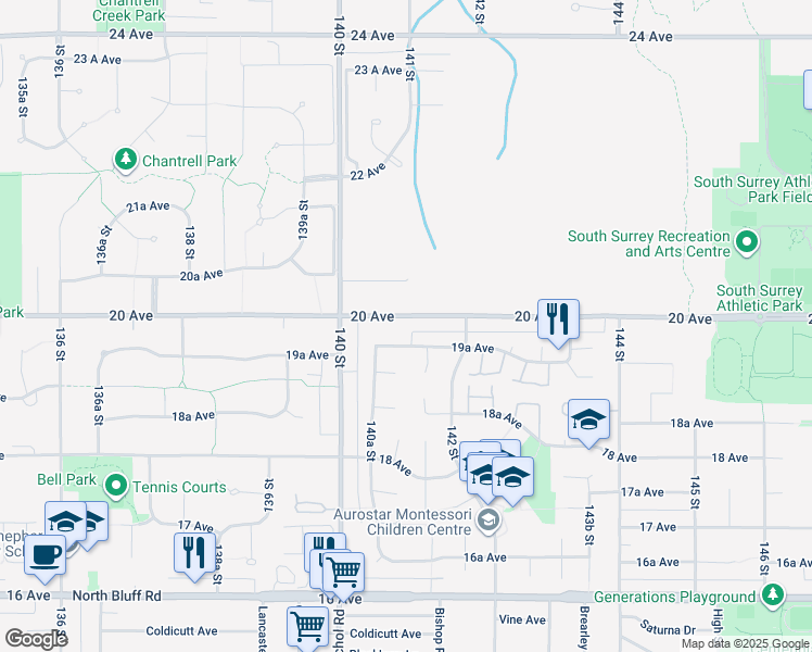 map of restaurants, bars, coffee shops, grocery stores, and more near 14098 20 Avenue in Surrey