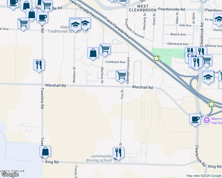 map of restaurants, bars, coffee shops, grocery stores, and more near 31540 Marshall Road in Abbotsford