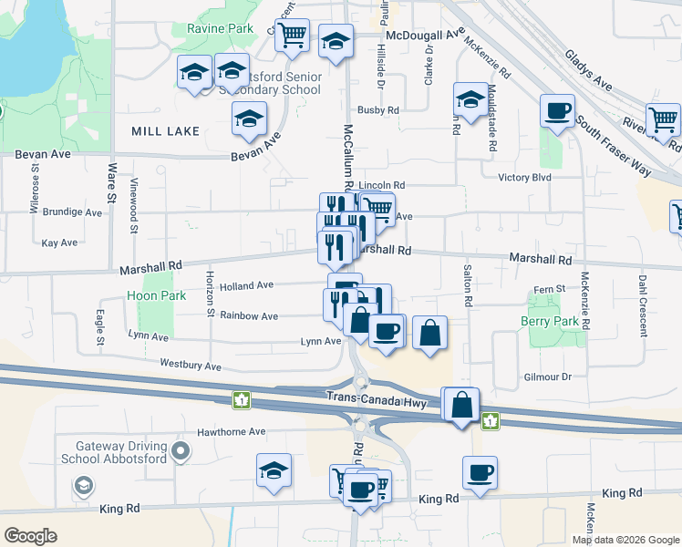 map of restaurants, bars, coffee shops, grocery stores, and more near in Abbotsford