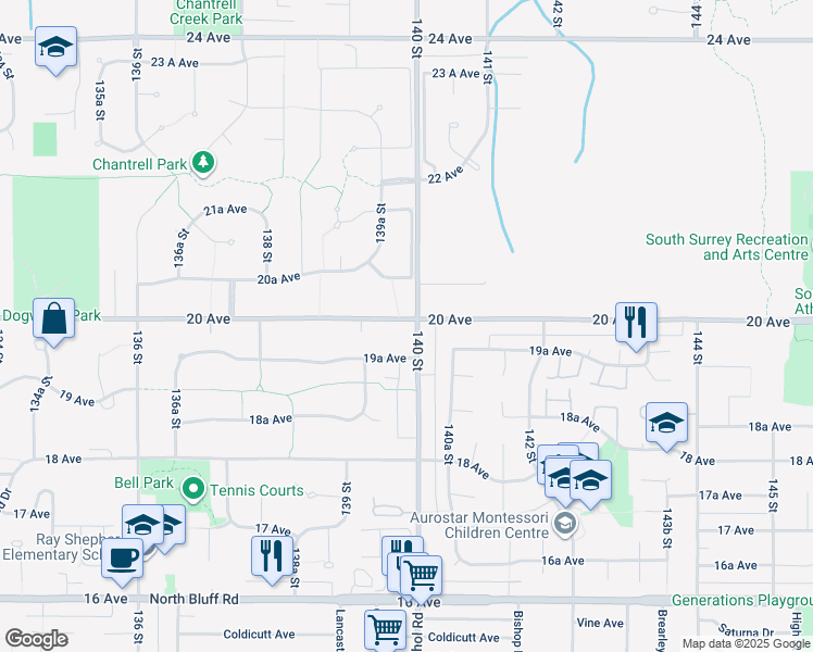 map of restaurants, bars, coffee shops, grocery stores, and more near 1995 140 Street in Surrey