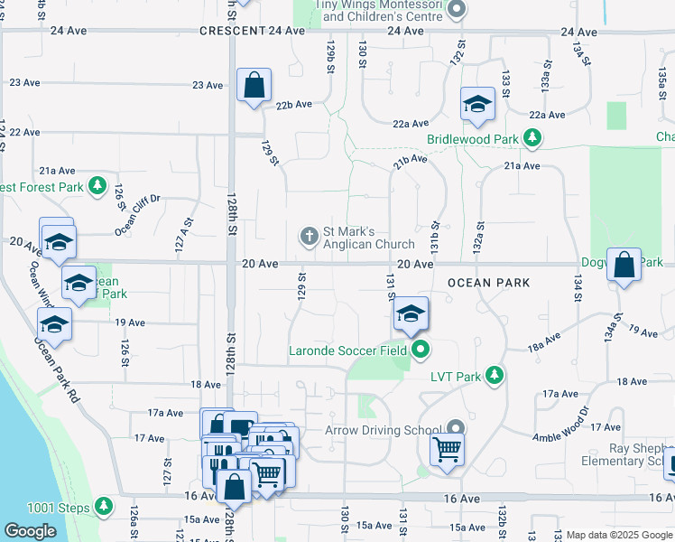 map of restaurants, bars, coffee shops, grocery stores, and more near 12986 20 Avenue in Surrey