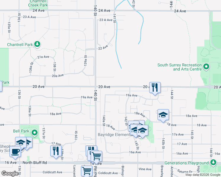 map of restaurants, bars, coffee shops, grocery stores, and more near 14082 20 Avenue in Surrey