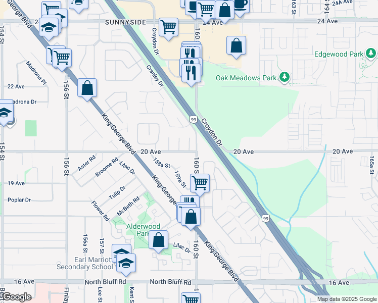 map of restaurants, bars, coffee shops, grocery stores, and more near 20 Avenue in Surrey