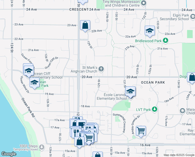 map of restaurants, bars, coffee shops, grocery stores, and more near 1985 129 Street in Surrey
