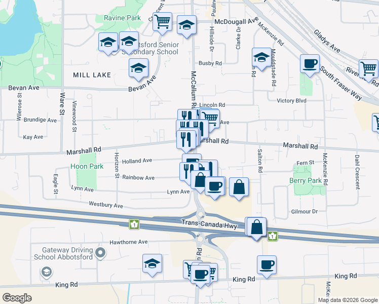map of restaurants, bars, coffee shops, grocery stores, and more near in Abbotsford