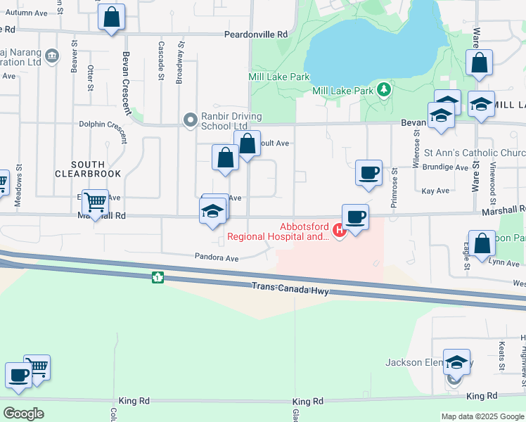 map of restaurants, bars, coffee shops, grocery stores, and more near 32735 Marshall Road in Abbotsford