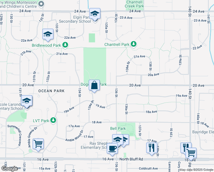 map of restaurants, bars, coffee shops, grocery stores, and more near 13538 20 Avenue in Surrey