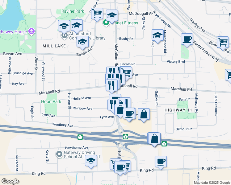 map of restaurants, bars, coffee shops, grocery stores, and more near in Abbotsford