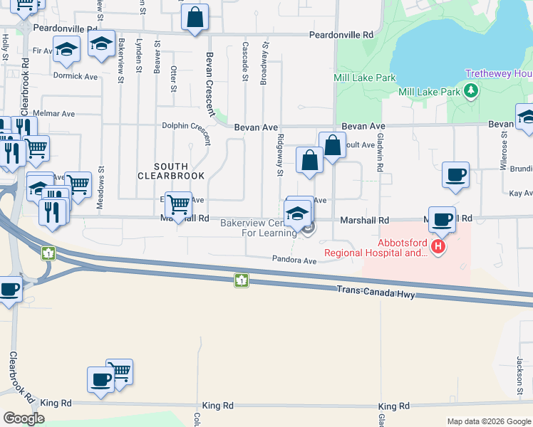 map of restaurants, bars, coffee shops, grocery stores, and more near 32555 Marshall Road in Abbotsford