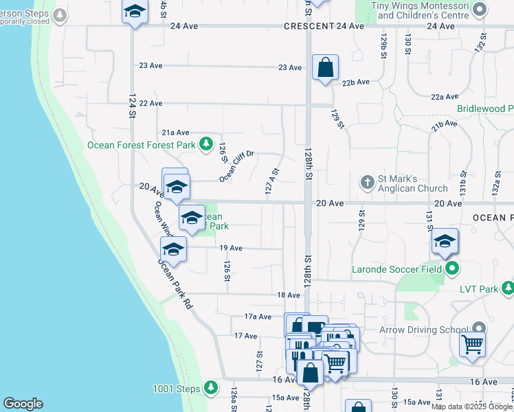 map of restaurants, bars, coffee shops, grocery stores, and more near 12686 20 Avenue in Surrey