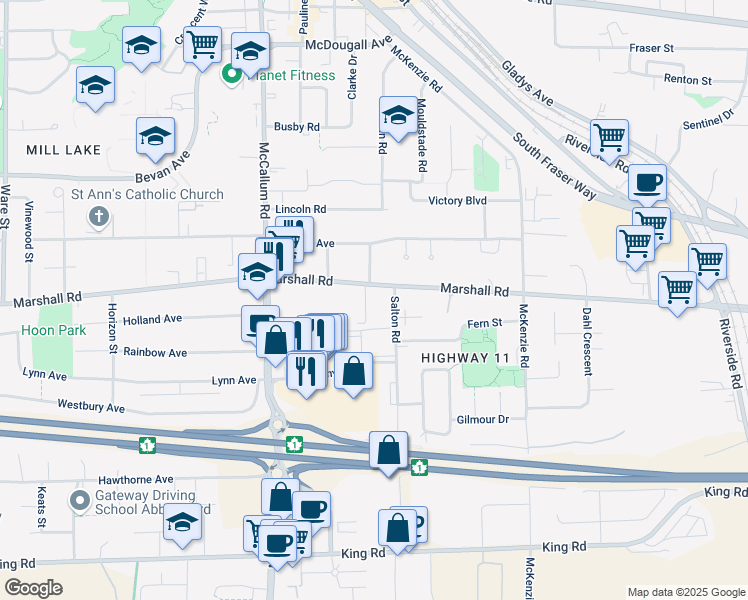 map of restaurants, bars, coffee shops, grocery stores, and more near 33774 Marshall Road in Abbotsford