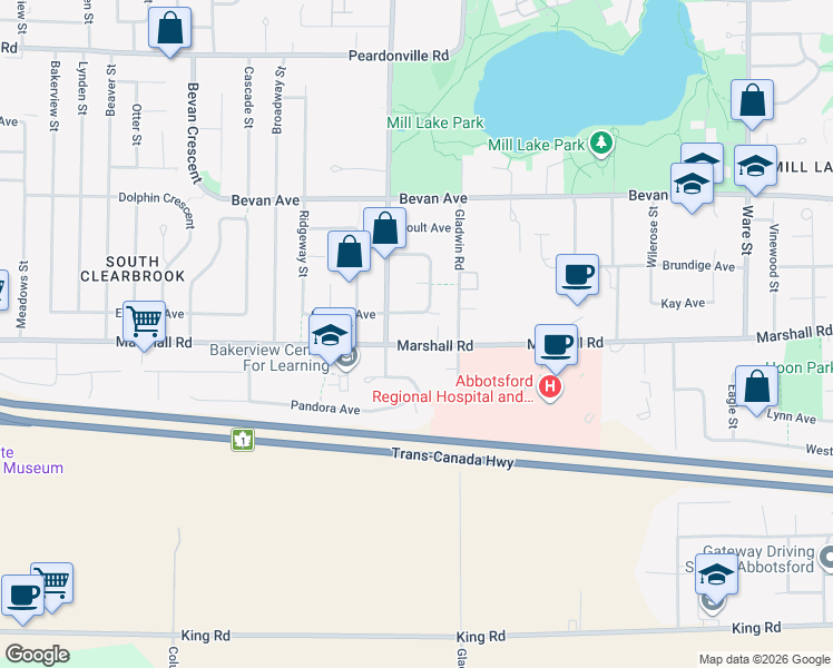 map of restaurants, bars, coffee shops, grocery stores, and more near 32740 Marshall Road in Abbotsford