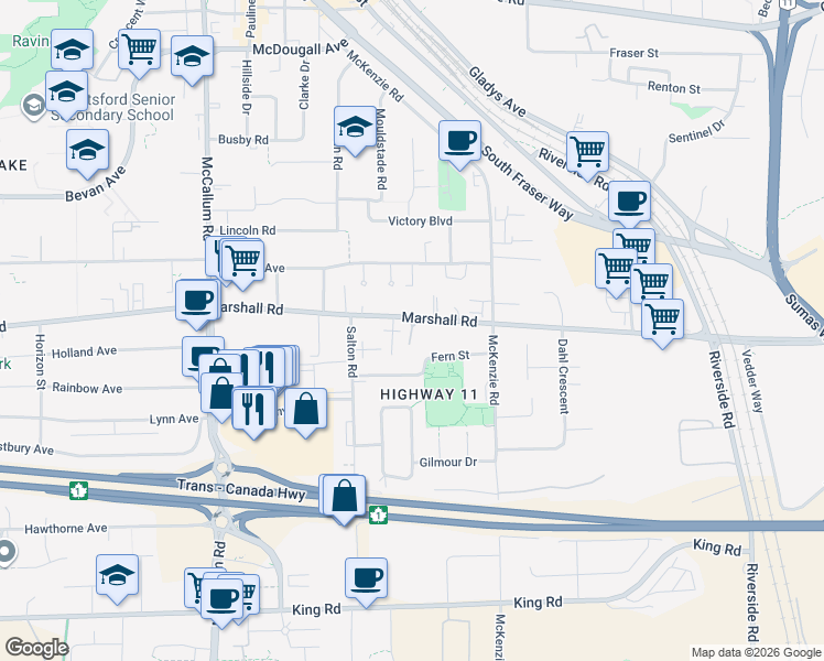 map of restaurants, bars, coffee shops, grocery stores, and more near 33858 Marshall Road in Abbotsford