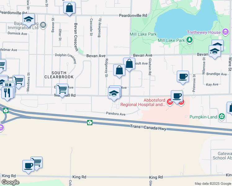 map of restaurants, bars, coffee shops, grocery stores, and more near 32633 Marshall Road in Abbotsford