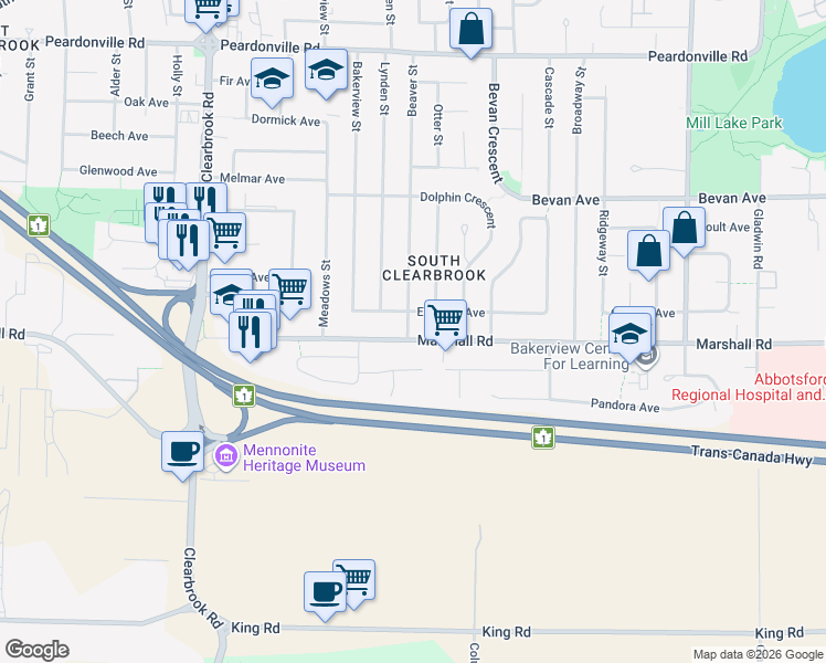 map of restaurants, bars, coffee shops, grocery stores, and more near 2012 Beaver Street in Abbotsford