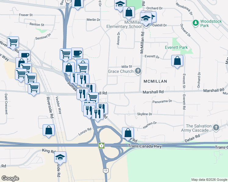 map of restaurants, bars, coffee shops, grocery stores, and more near 1954 Griffiths Road in Abbotsford