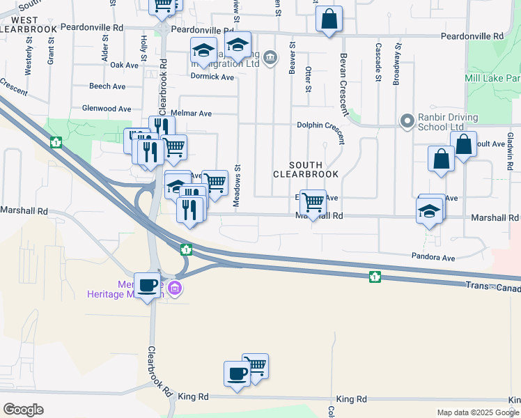 map of restaurants, bars, coffee shops, grocery stores, and more near 32235 Marshall Road in Abbotsford