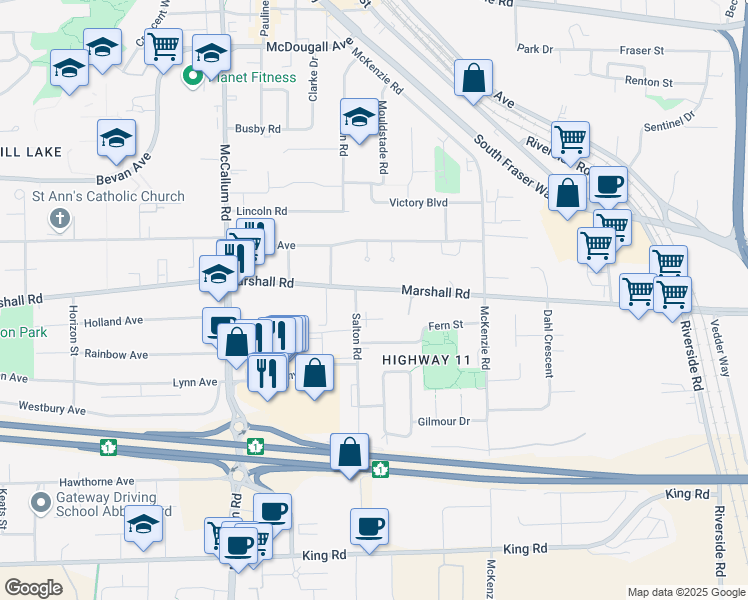 map of restaurants, bars, coffee shops, grocery stores, and more near 1950 Salton Road in Abbotsford