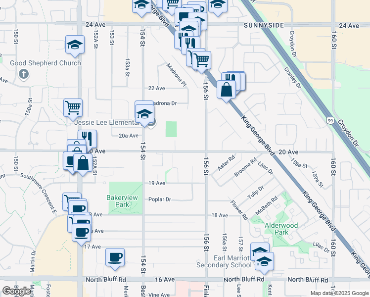map of restaurants, bars, coffee shops, grocery stores, and more near 15533 20 Avenue in Surrey
