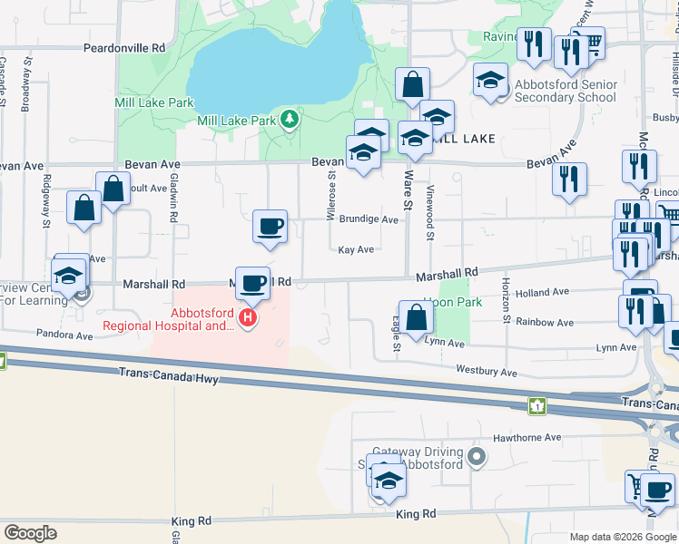 map of restaurants, bars, coffee shops, grocery stores, and more near 33079 Marshall Road in Abbotsford