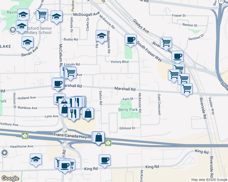 map of restaurants, bars, coffee shops, grocery stores, and more near 33858 Marshall Road in Abbotsford
