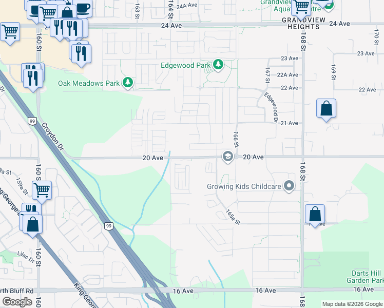 map of restaurants, bars, coffee shops, grocery stores, and more near 16477 20 Avenue in Surrey
